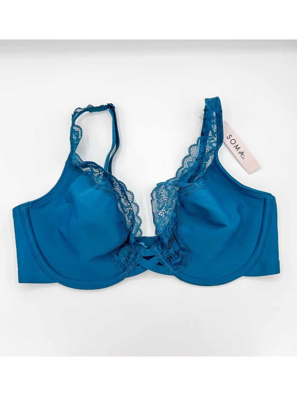 Soma Essentials Gulf Side Teal Unlined Lace Trim Plunge Bra